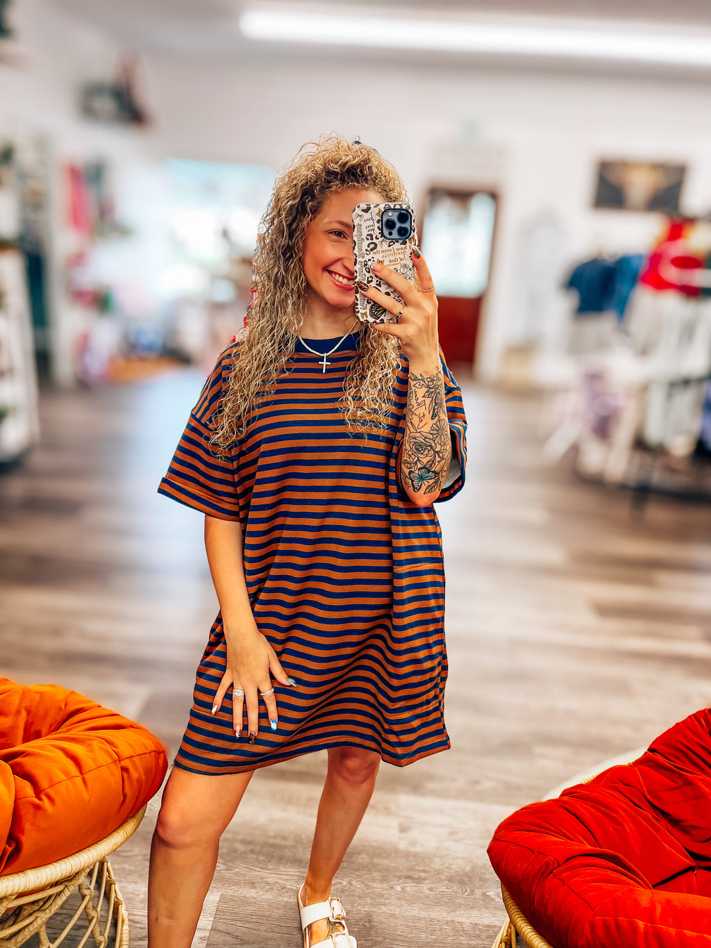 brick and navy striped oversized tshirt dress with pockets