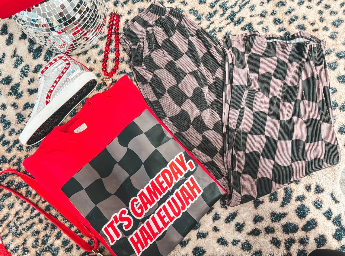 Branded gameday hallelujah checkered red tee