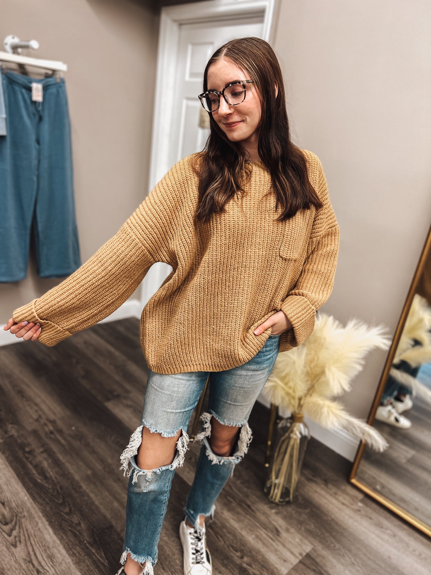 camel oversized bell cuff sleeved sweater