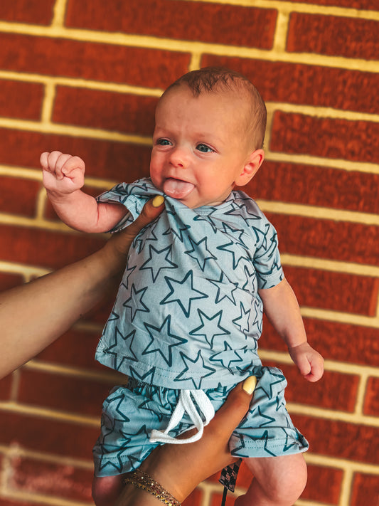 monochromatic blue stars kids short set