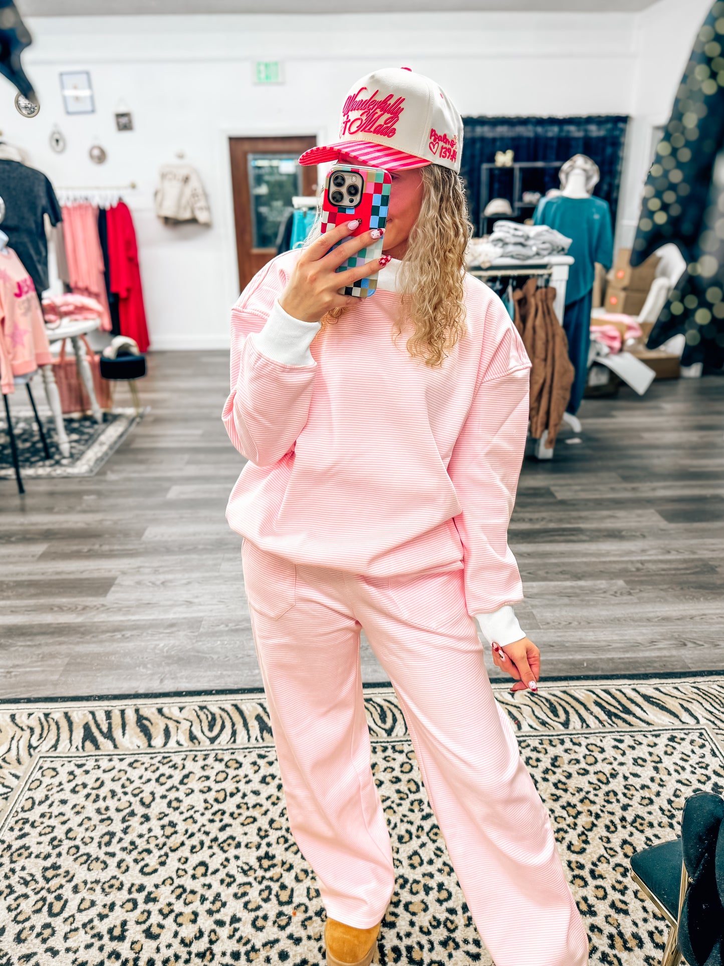 pink striped mock neck set