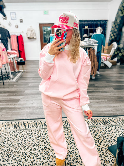 pink striped mock neck set