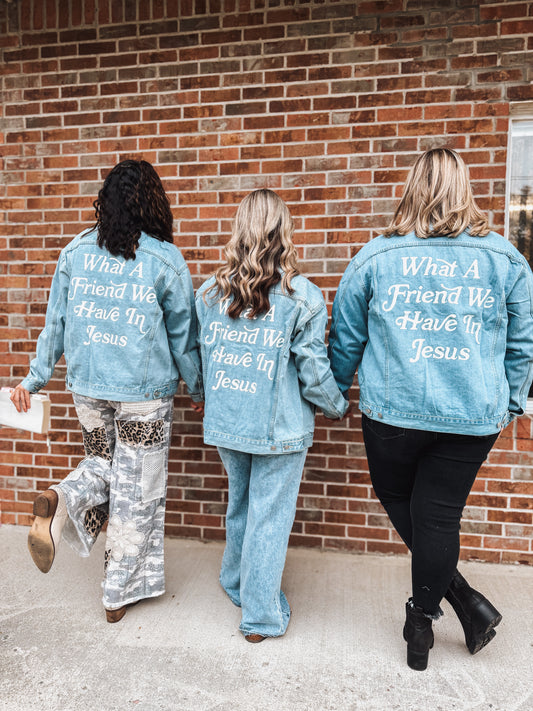 friend in jesus oversized denim jacket