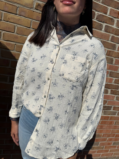 floral print gauze oversized button up
