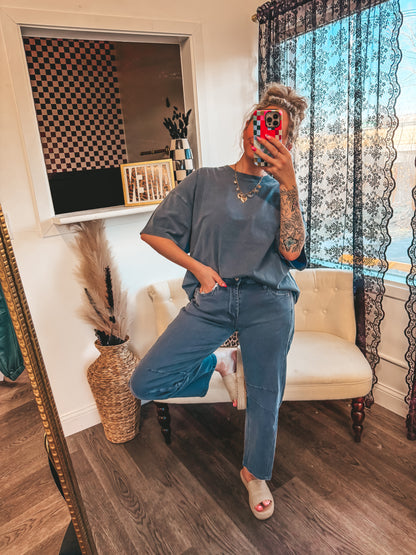 navy stretch barrel jeans