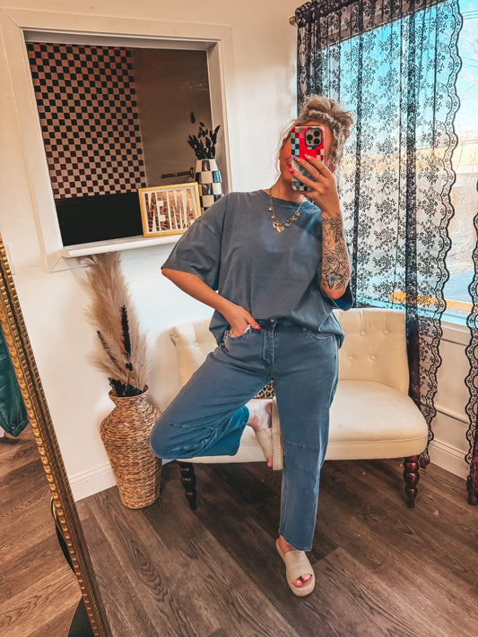 navy stretch barrel jeans