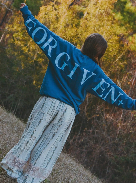 cast no stones-forgiven blue pullover