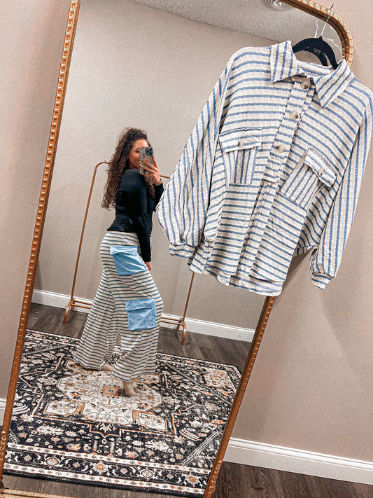striped cargo pants in blue