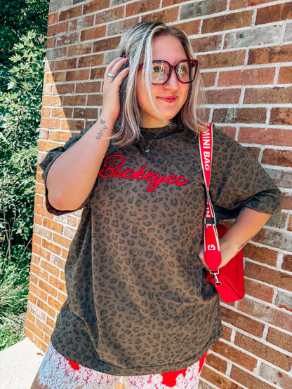 Leopard oversized tee with puff embroidery BUCKEYES