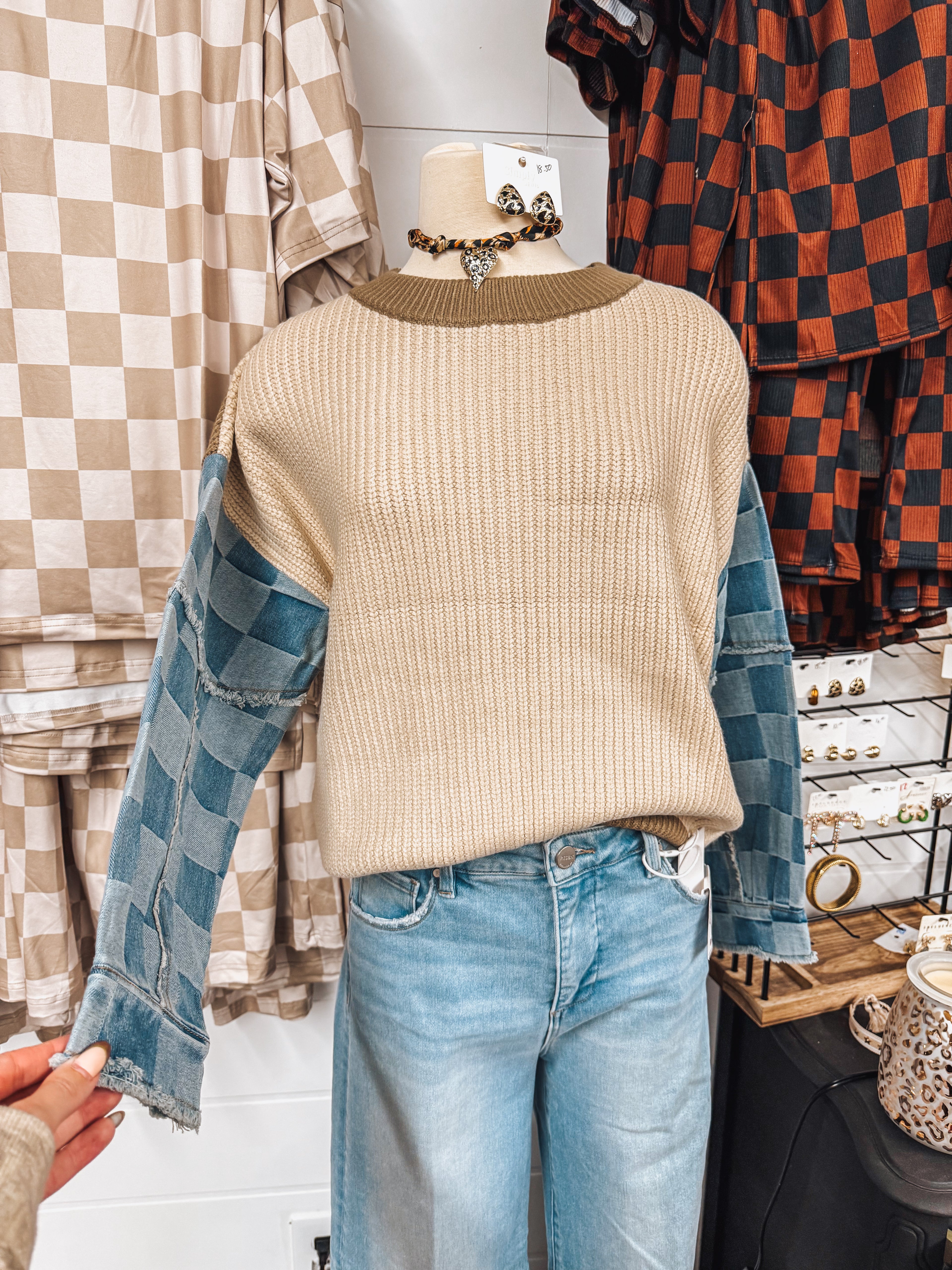 denim checkered sleeve beige sweater