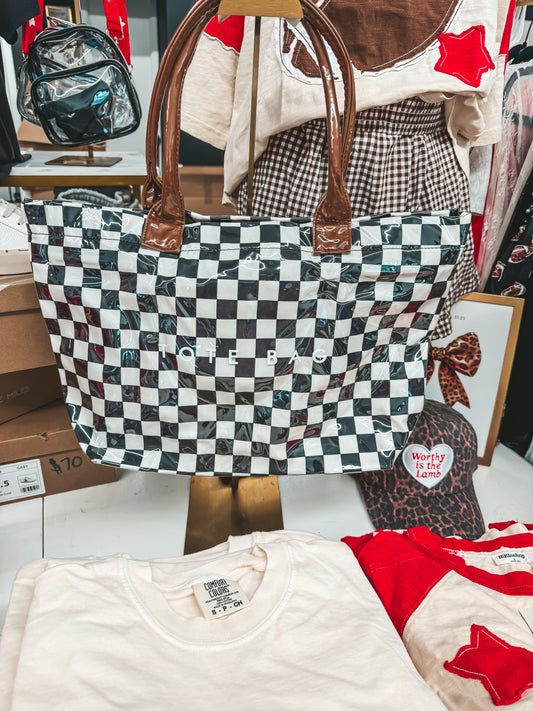 Black and tan checkered tote bag