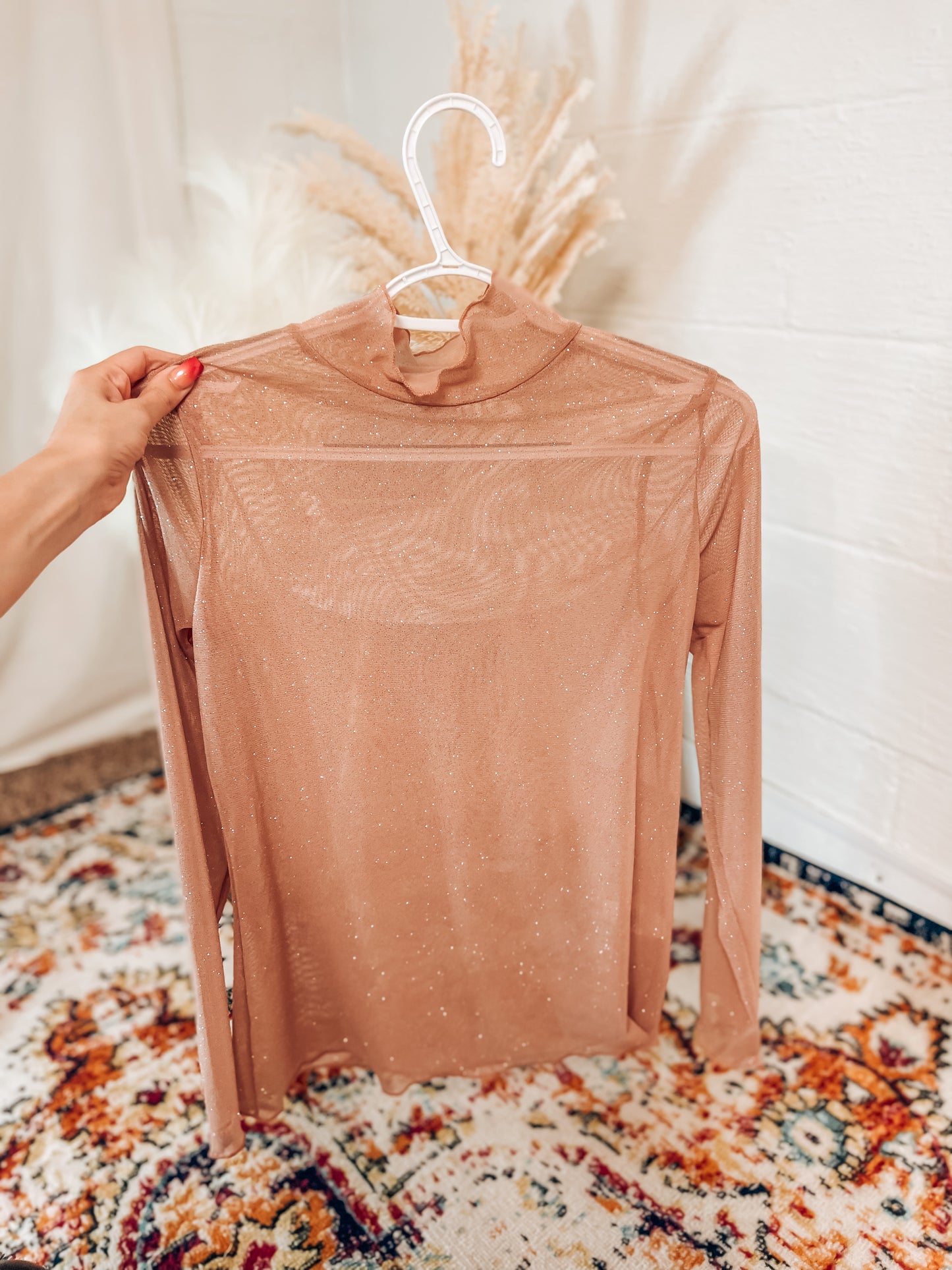 blush glitter mesh mock neck top in regular and curvy