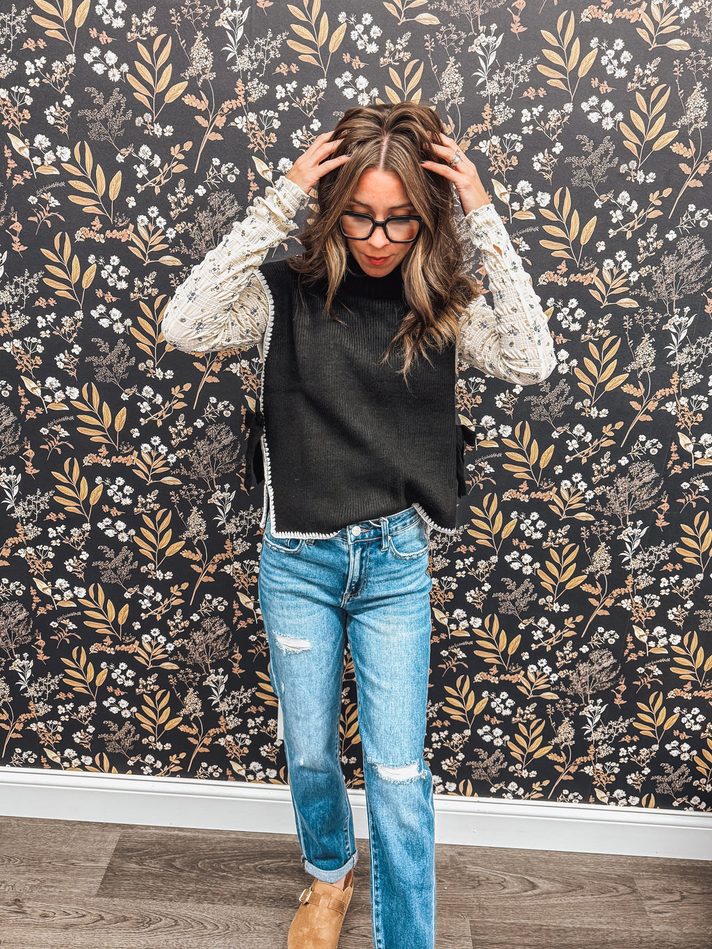 mock neck stitched side tie sweater vest