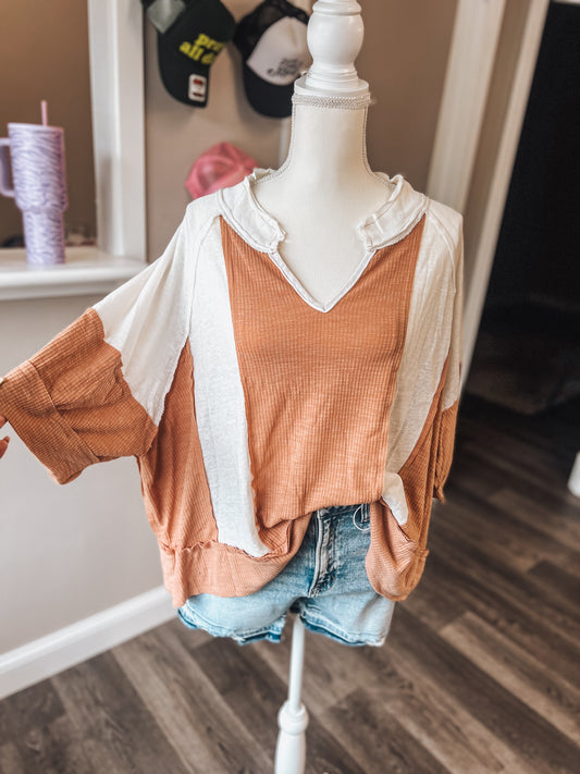 camel and white oversized boho top