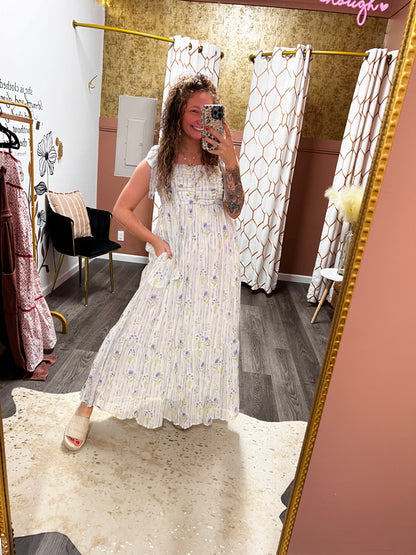 green and purple floral dress