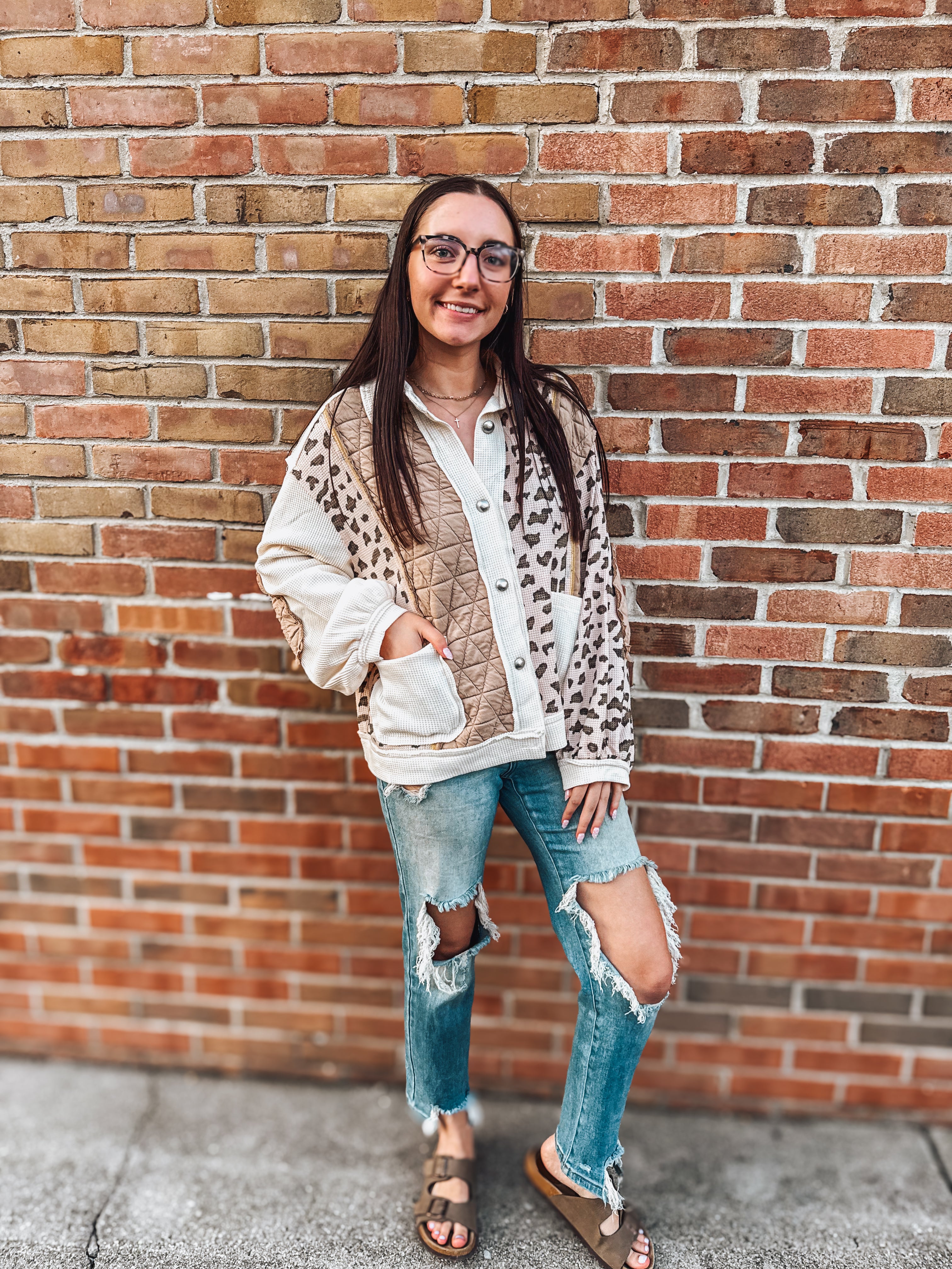leopard waffle & quilted button up shacket