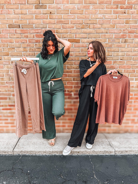 waffle knit pants with contrasting ties