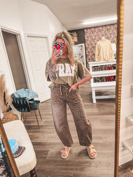 leopard barrel jean with drawstring waistband