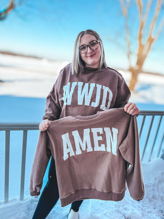 brown reversible wwjd/amen mock neck