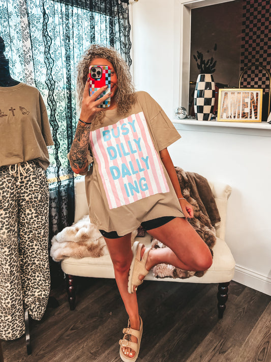 tan busy dilly dally ing striped graphic tee