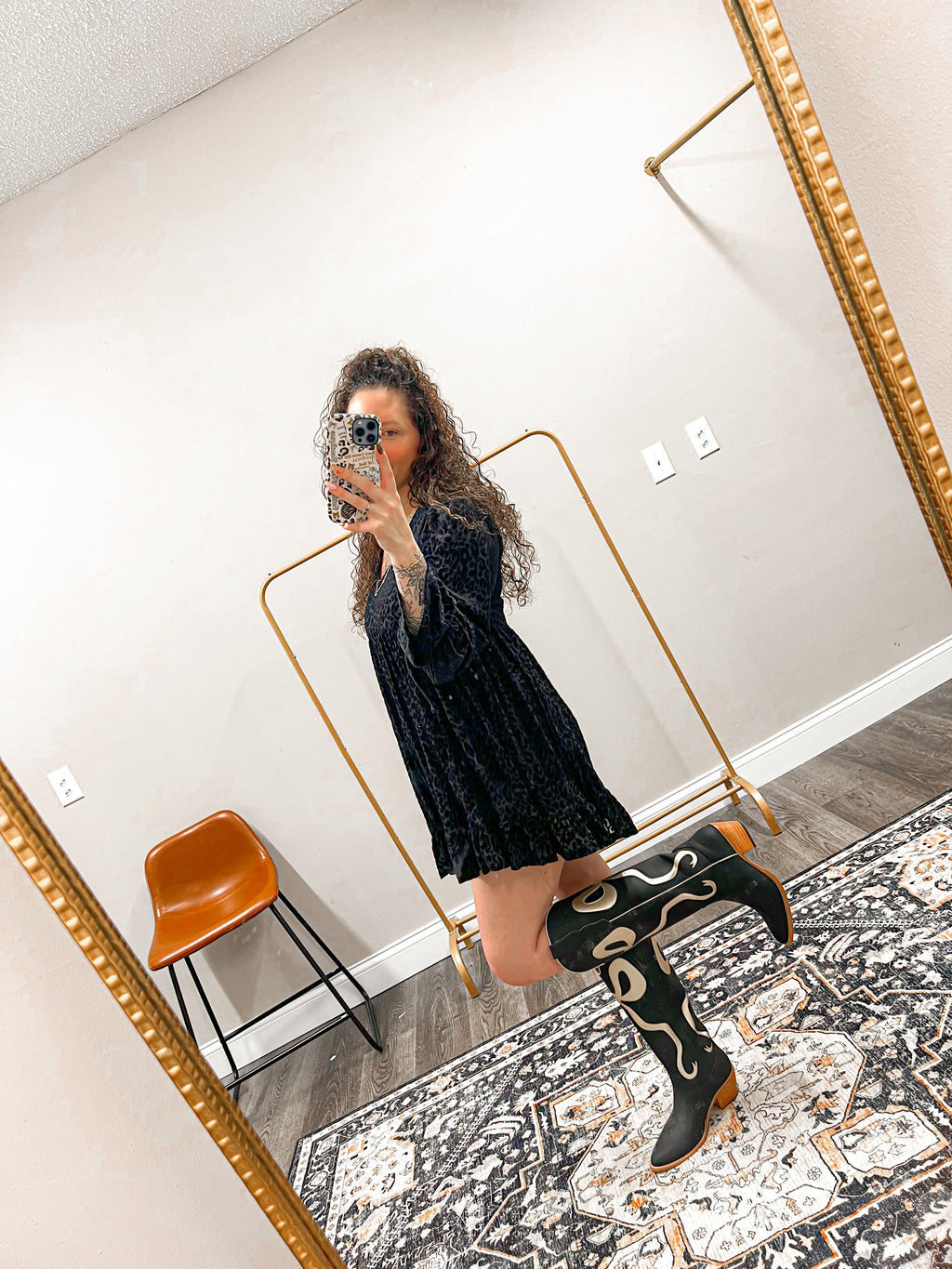 signature black and gold bow boots