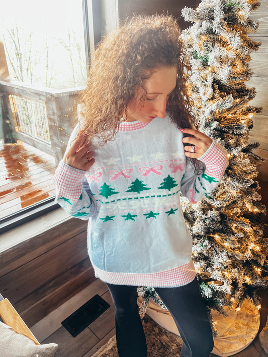 aspen ski blue bow tree sweater