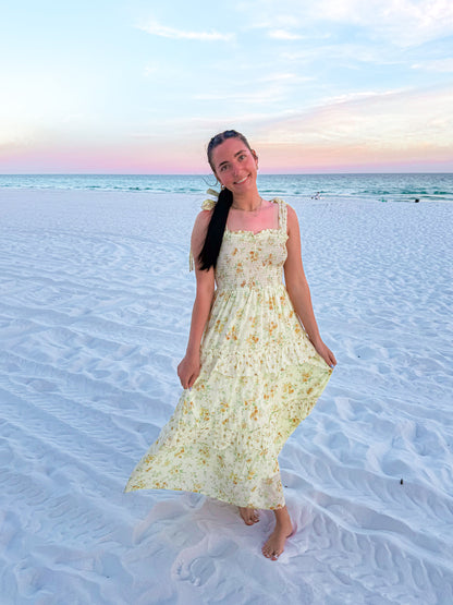 sunset floral ruffle detail midi dress