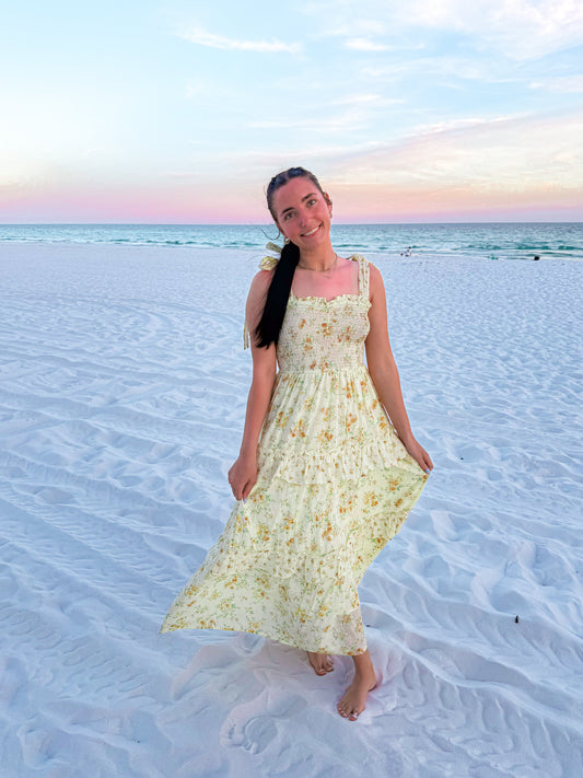 sunset floral ruffle detail midi dress