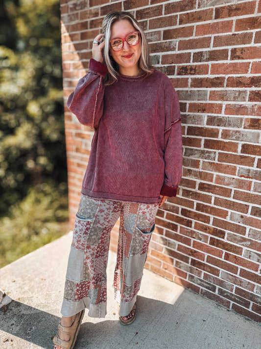 Raw edge washed burgundy knit sweater oversized