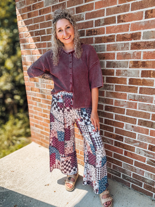 Burgundy Washed ribbed short sleeve button cardigan