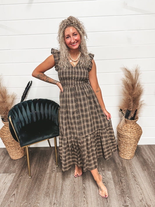 Plaid ruffle sleeve dress
