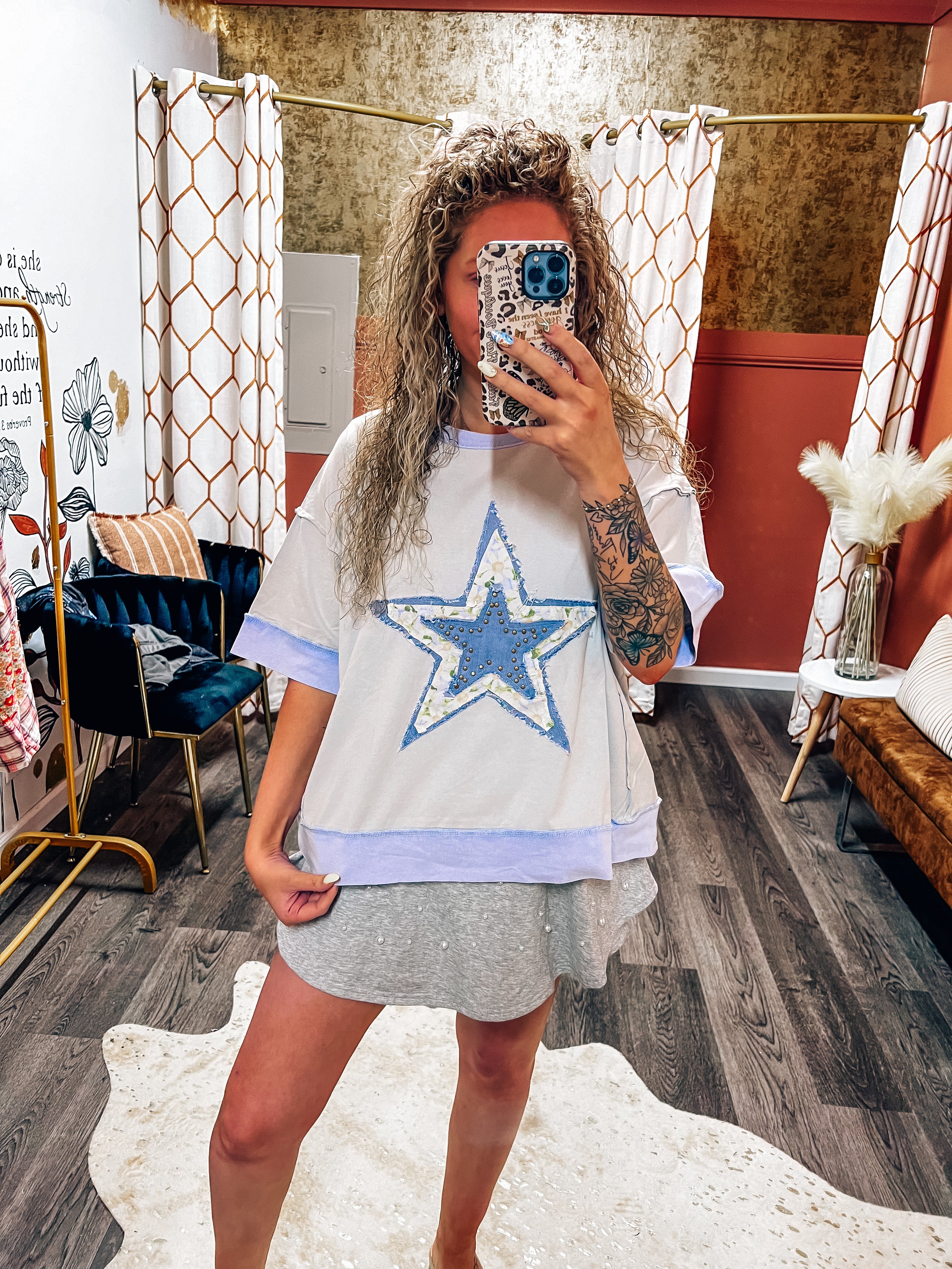 periwinkle & denim star patch top