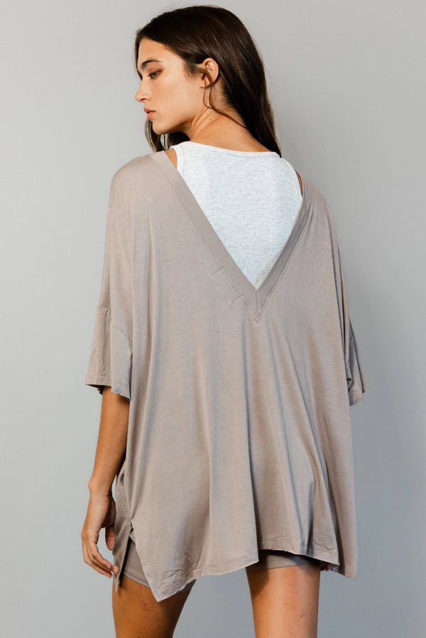 oversized reversible top with pockets in taupe