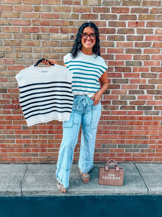 oversized crew neck striped sweater vest