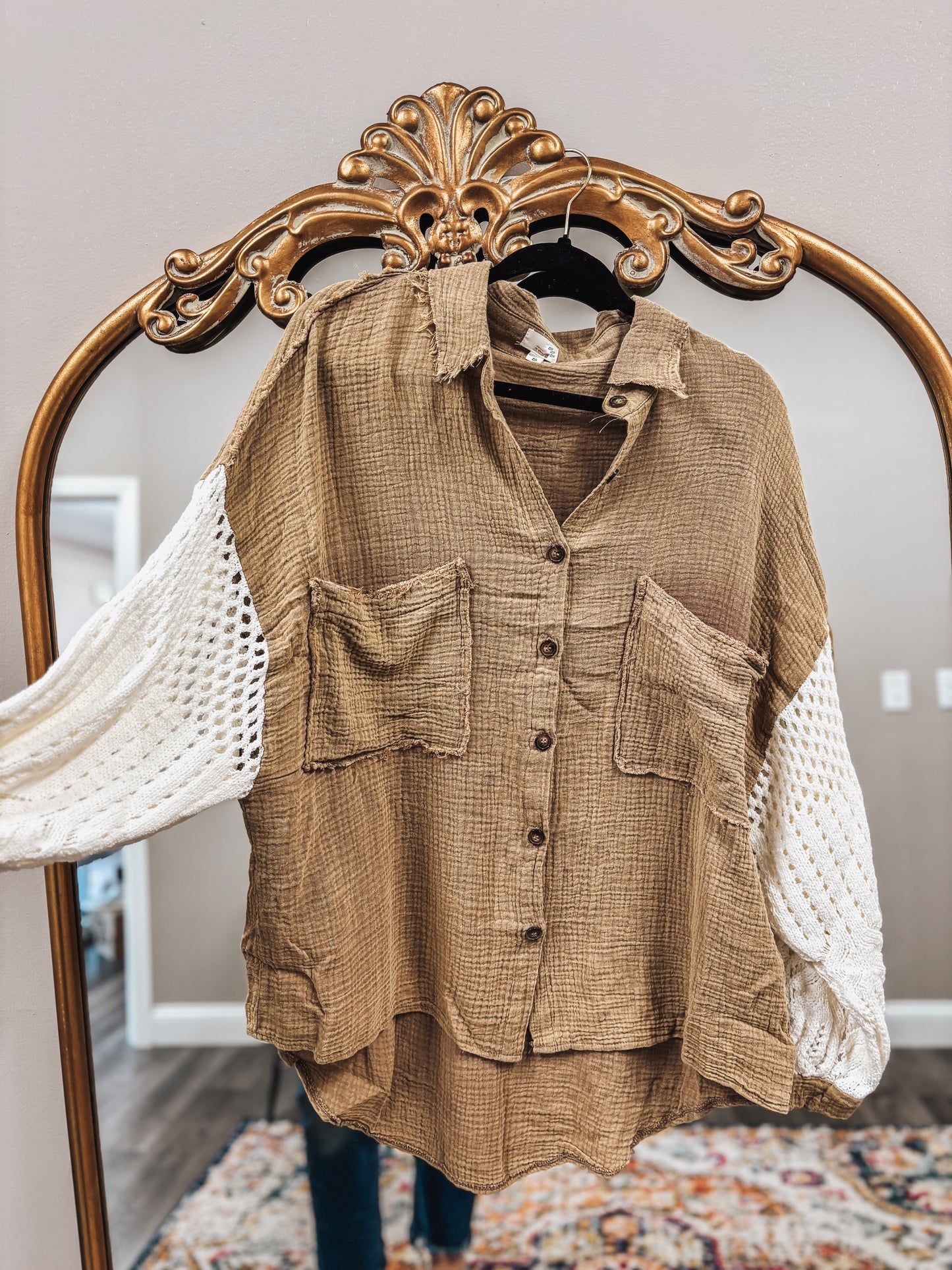 oversized button down sweater sleeve gauze top in coffee