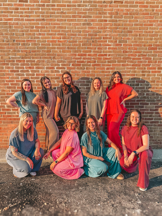 ribbed mock neck short sleeve sets