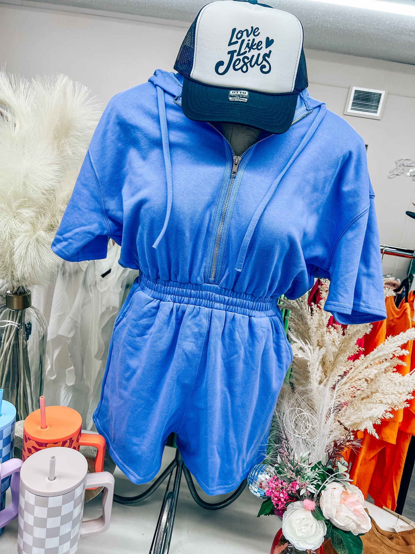 periwinkle cinched hooded romper