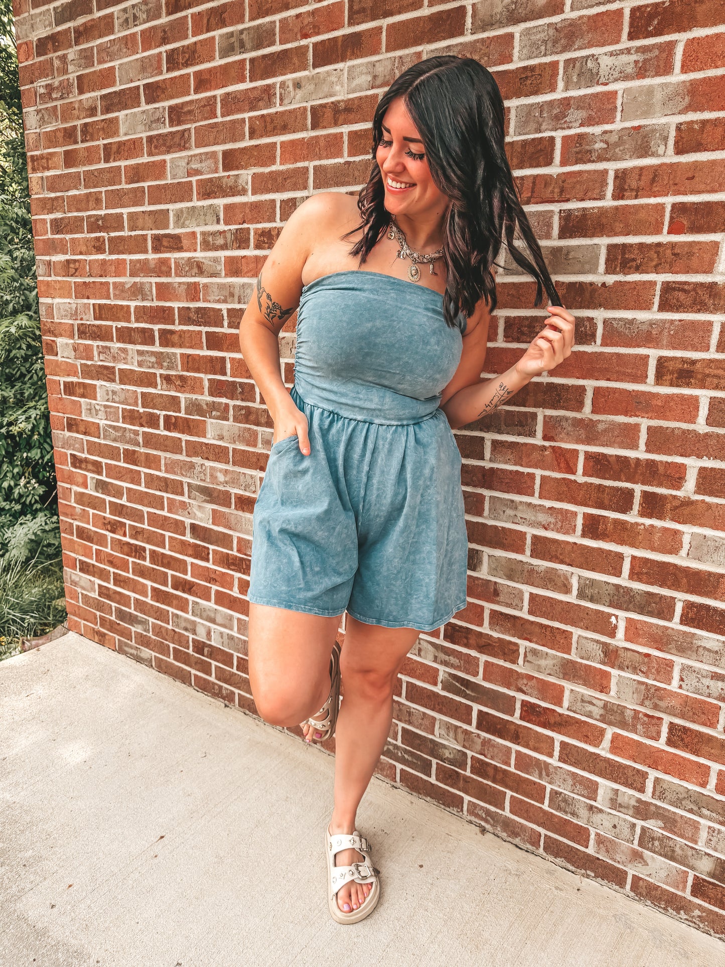 mineral wash strapless rompers