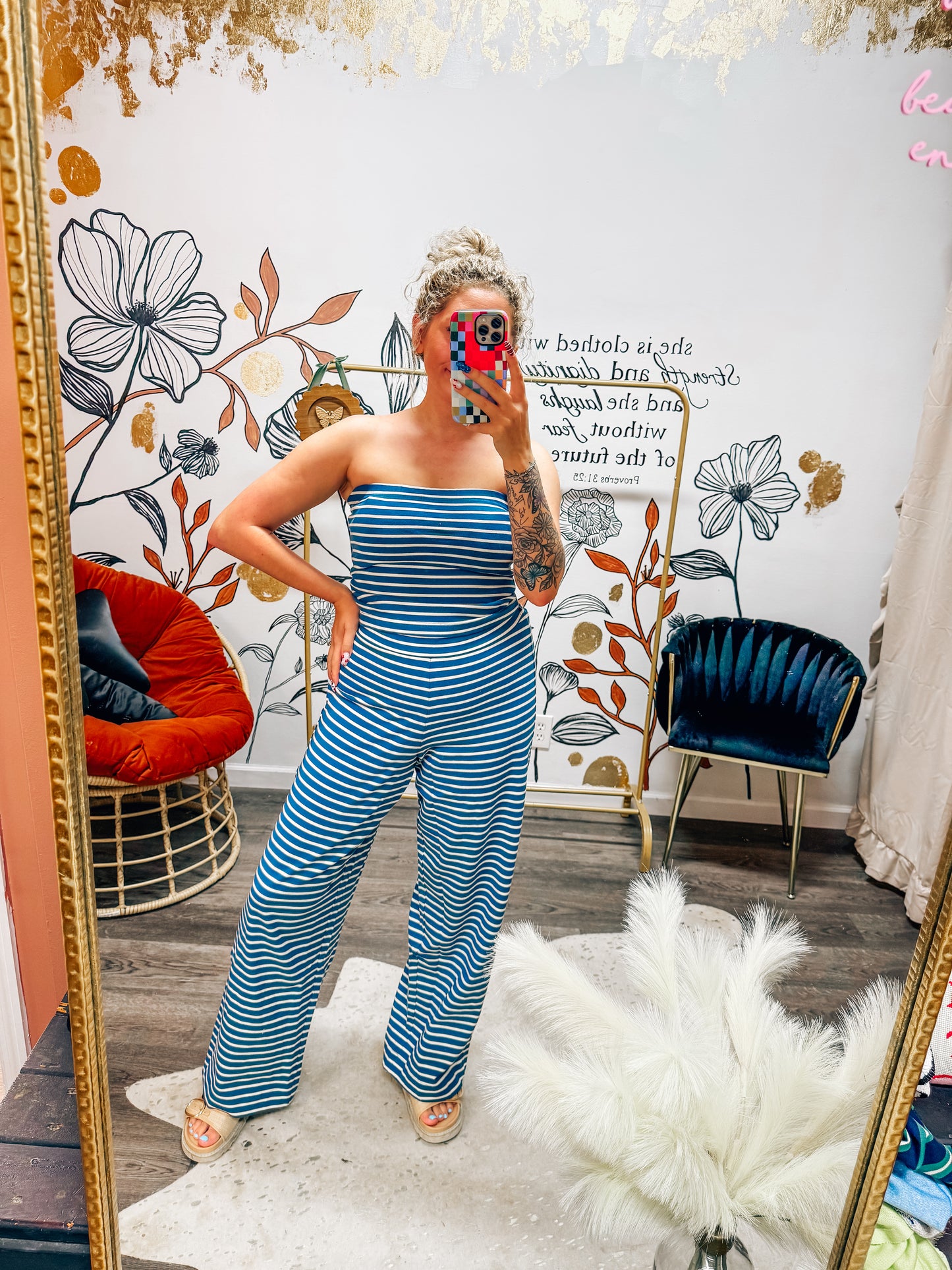 navy and white striped tube top set