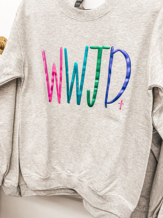metallic puff WWJD pullover
