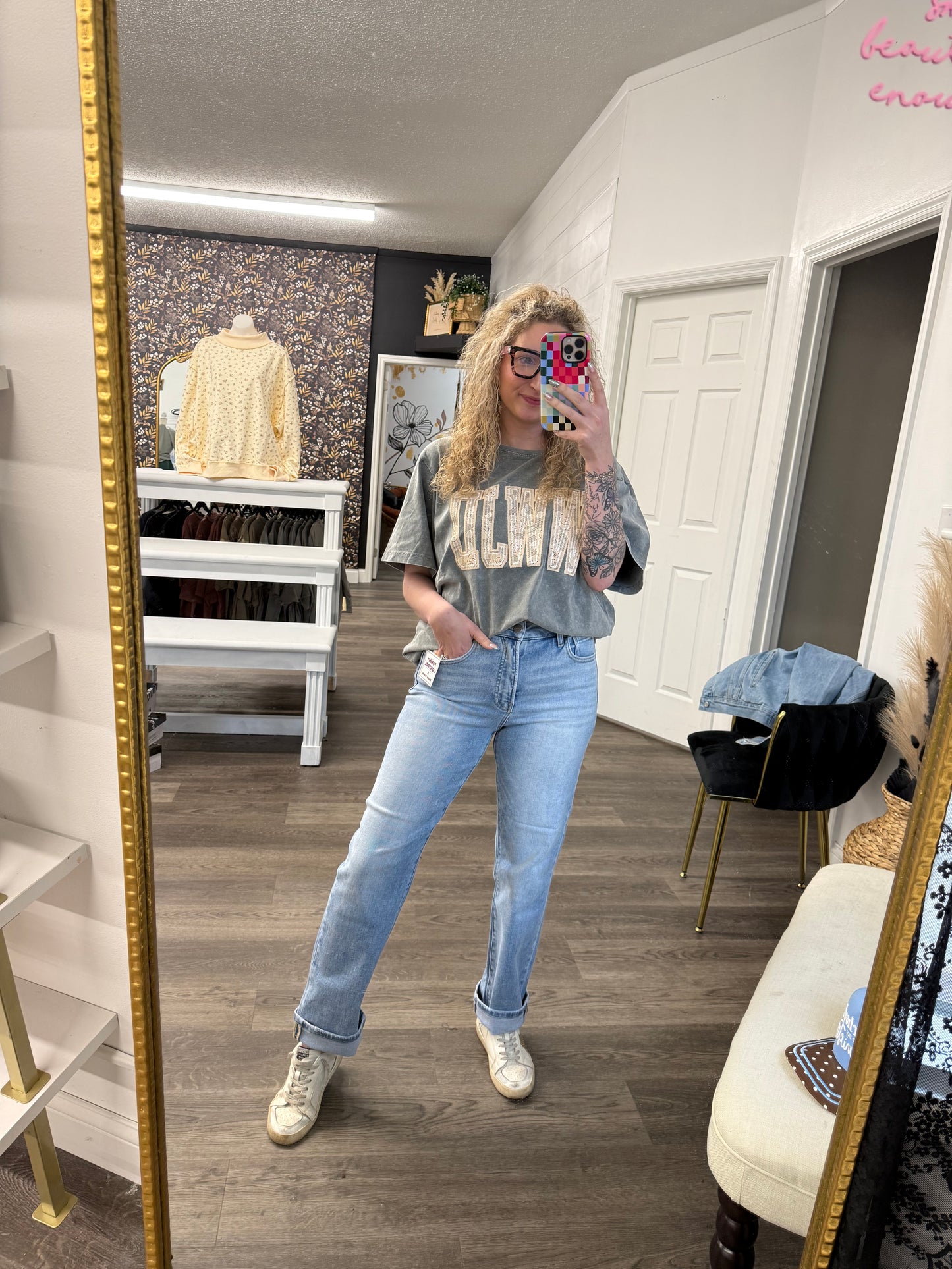 tummy control light wash straight leg denim