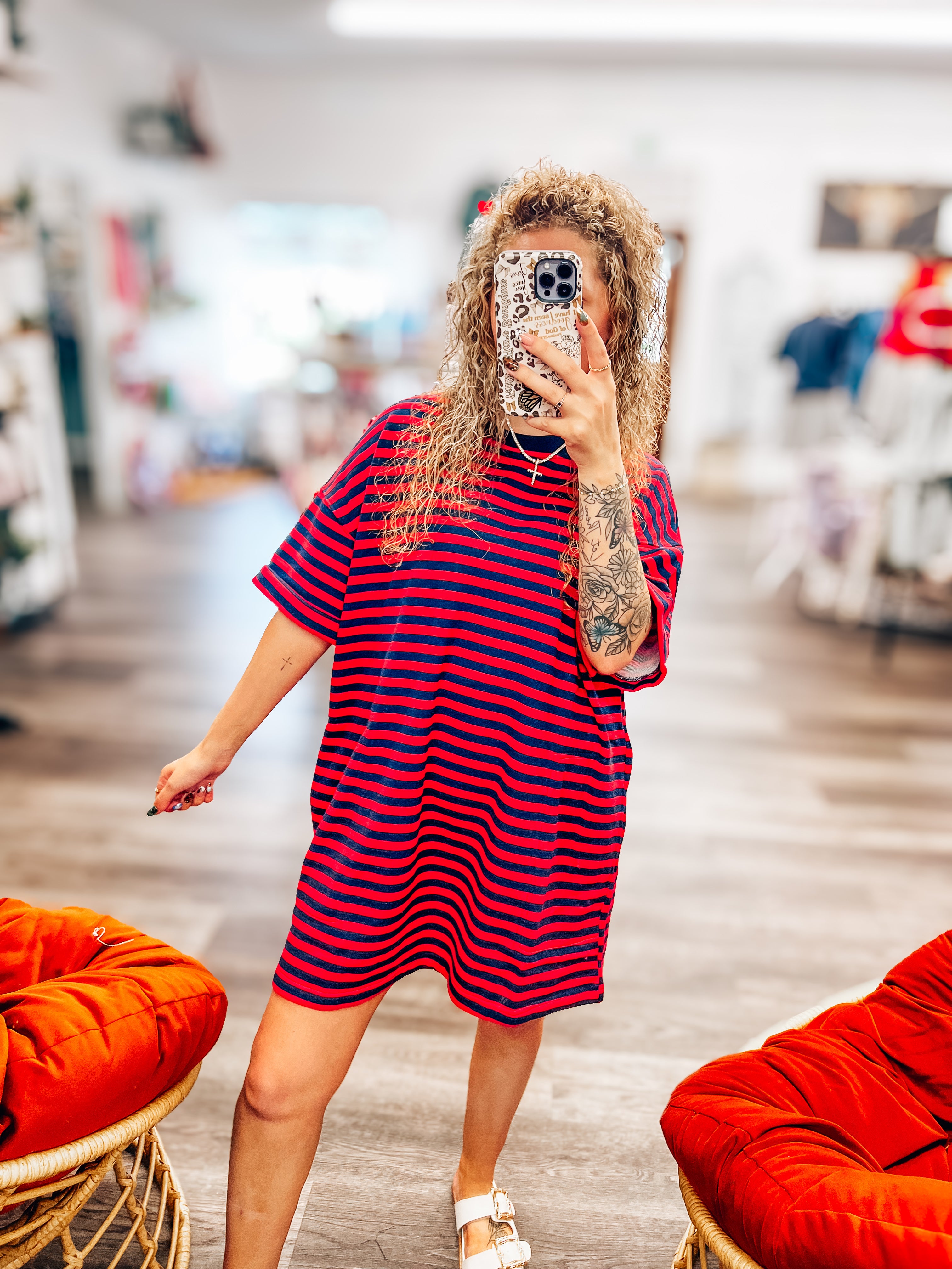 navy and red striped oversized tshirt dress with pockets