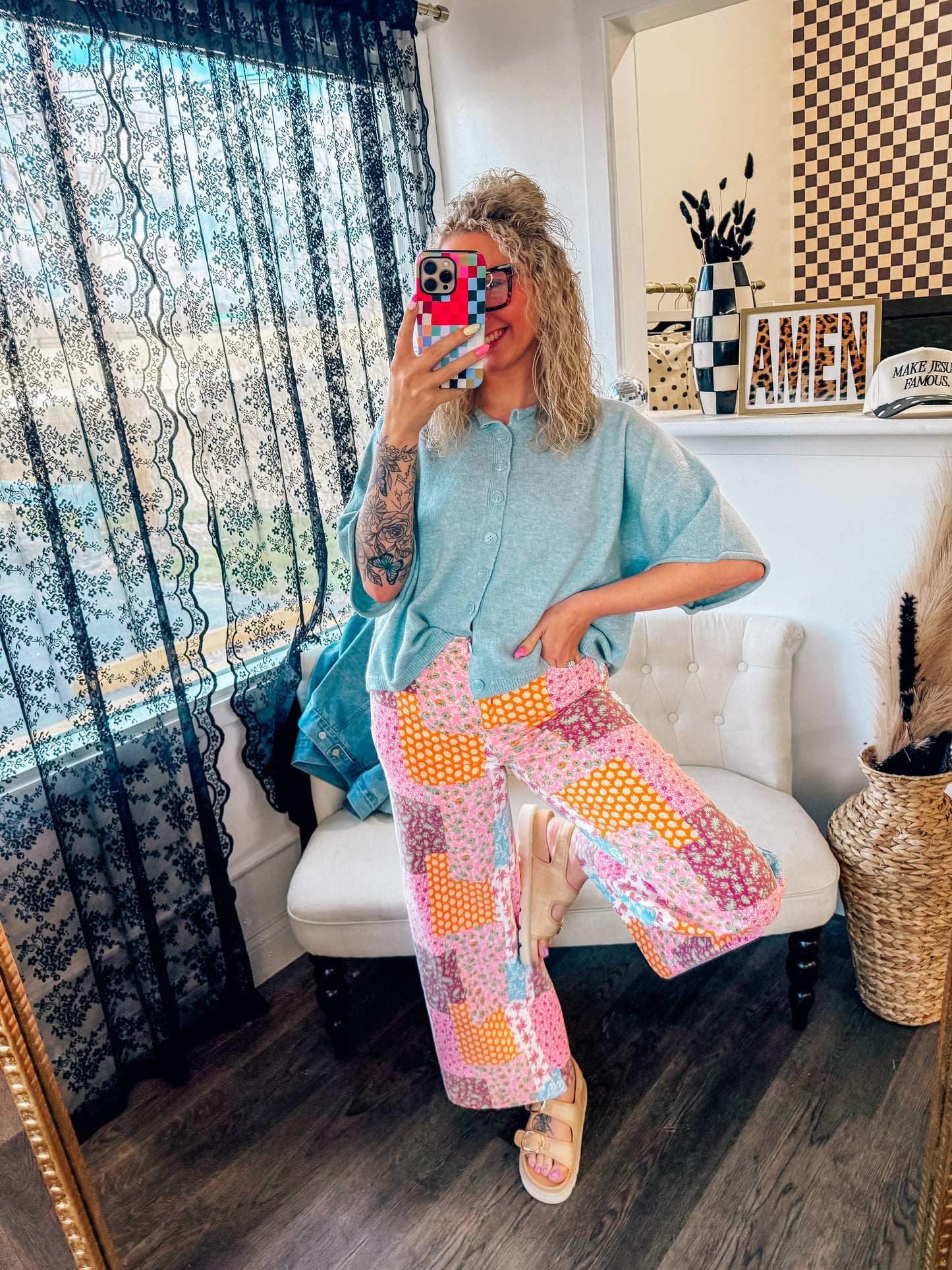 spring floral patch work pants