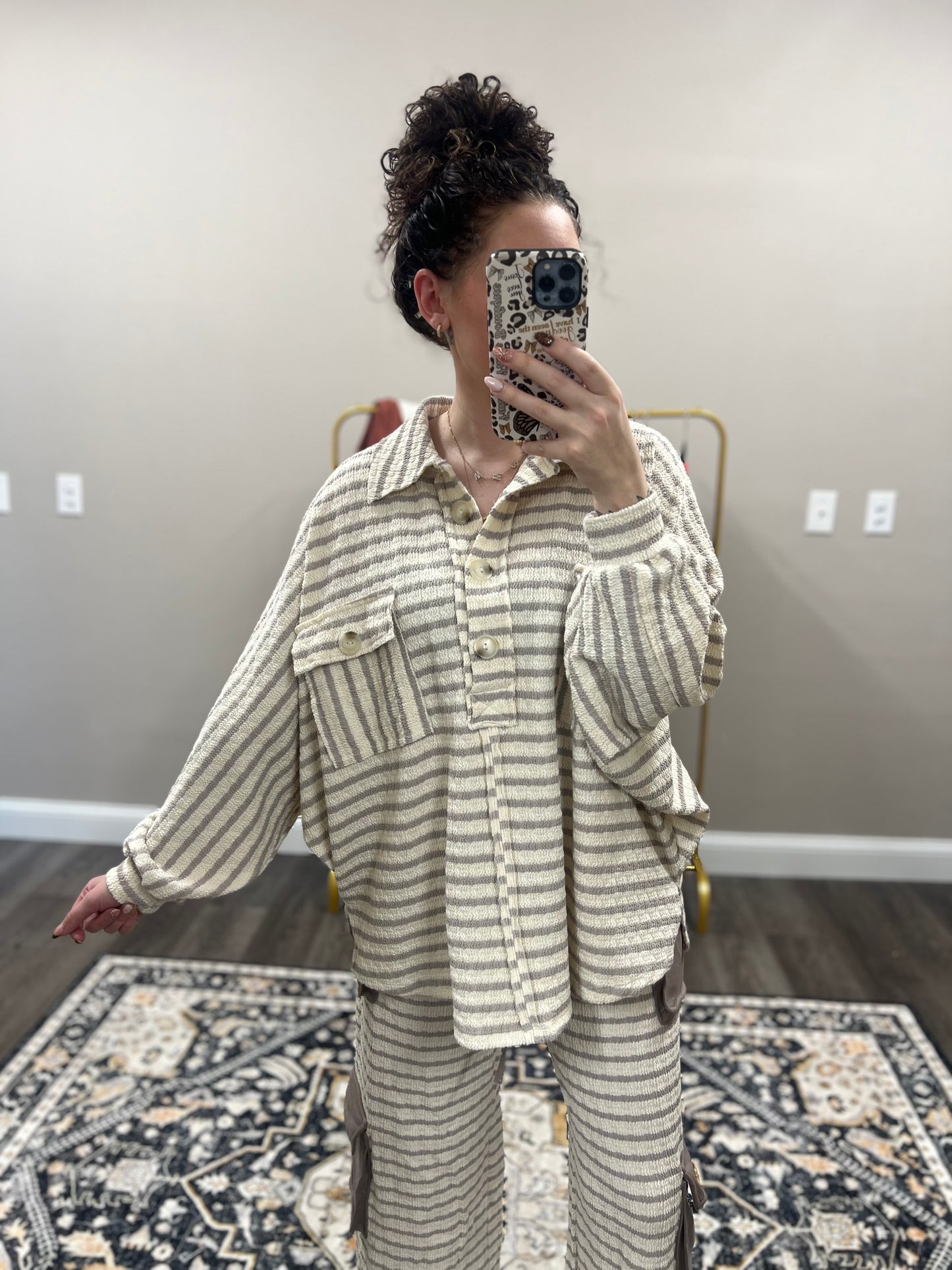 striped oversized henley top in taupe