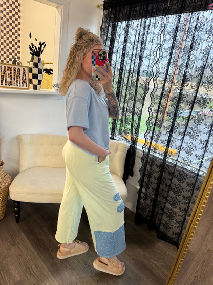 soft lime french terry blue flower patch pants