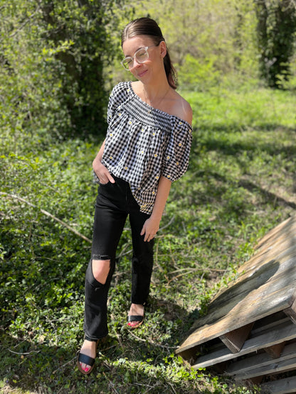 daisy plaid embroidered top