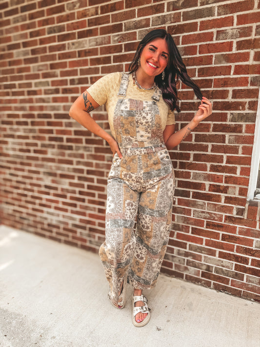 vintage boho print twill denim overalls