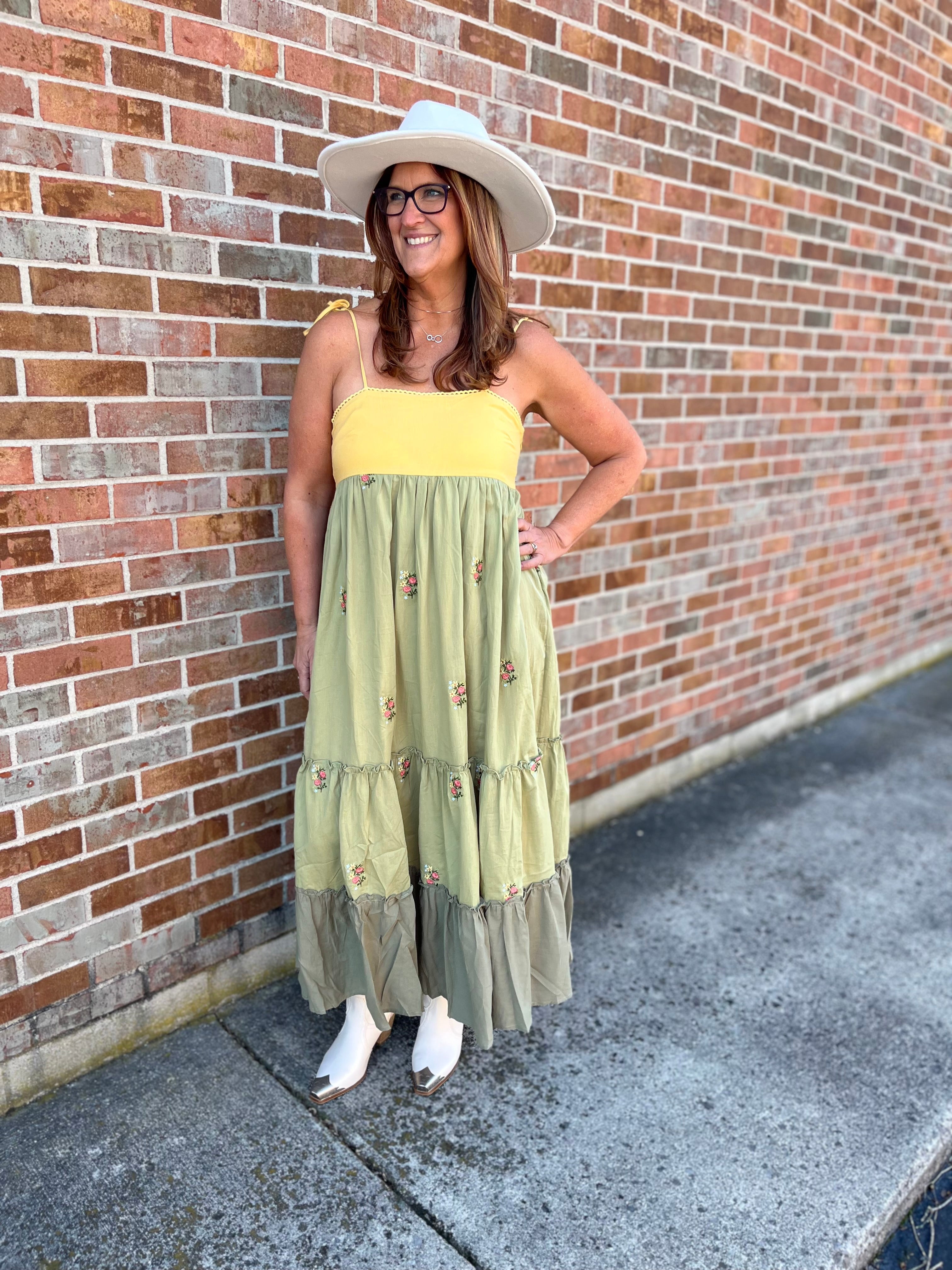 colorblock green and yellow floral embroidered dress