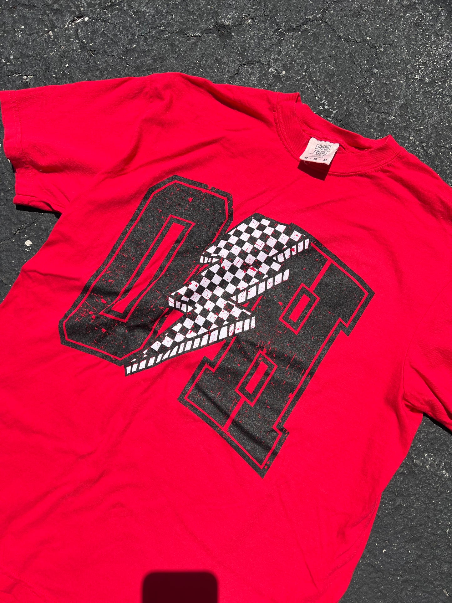 OH red bolt checkered tee