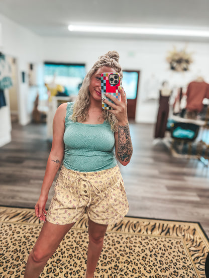 yellow floral denim button fly shorts
